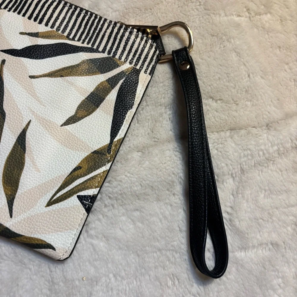 A New Day Wristlet Black White Green Taupe Tropical Leaf Vegan Cloth Interior